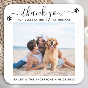Modern Photo Elegant Script Thank You Pet Wedding Square Paper Coaster