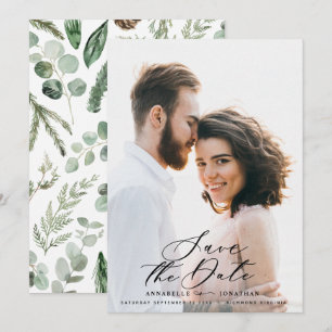 Modern photo elegant script watercolor botanical   save the date