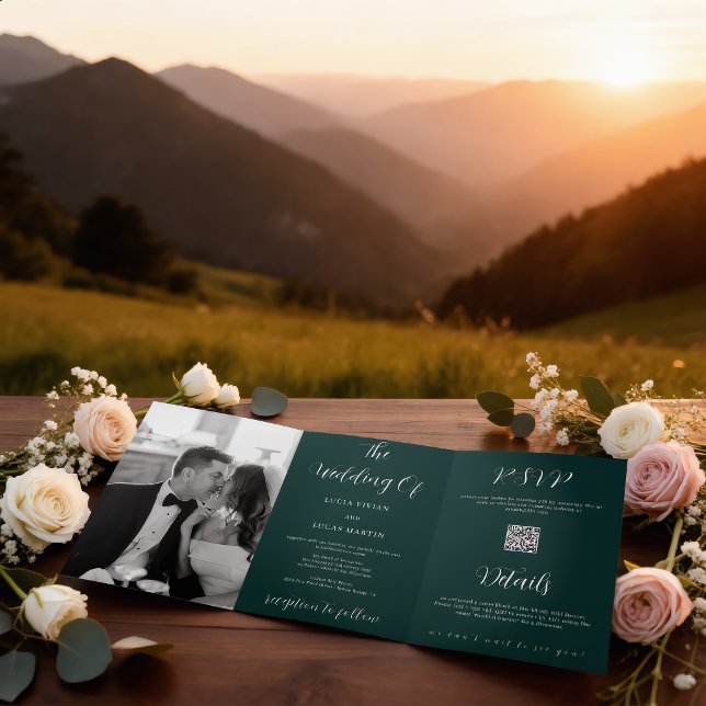 Modern Photo Emerald Green All-in-One Wedding Tri-Fold Programme (Creator Uploaded)