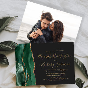Modern Photo Emerald Green Gold Agate Dark Wedding Invitation