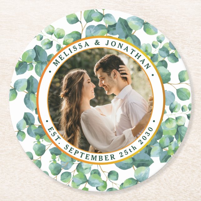 Modern Photo Eucalyptus Greenery Gold Wedding Round Paper Coaster (Front)