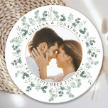 Modern Photo Eucalyptus Personalized Wedding Round Paper Coaster<br><div class="desc">Add the finishing touch to your wedding with these custom photo eucalyptus botanical greenery wedding coasters. Perfect as wedding favours to all your guests . Customize these wedding favours with your favourite wedding photo, newlywed photo, and personalize with name and date. See our wedding collection for matching wedding favours, newlywed...</div>