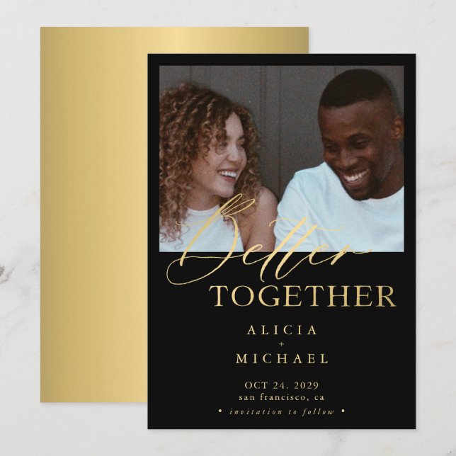 Modern photo faux gold script simple wedding save the date (Front/Back)