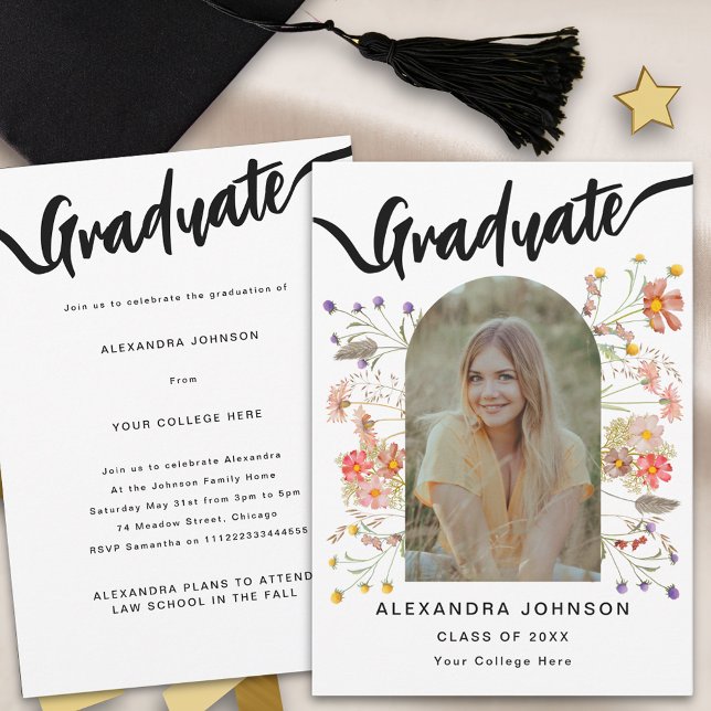 Modern Photo Floral Graduation Announcement Party (Modern floral photo arch graduation announcement party invitation elegant script boho wildflowers)