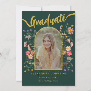 Modern Photo Floral Green Graduation Party Invitation