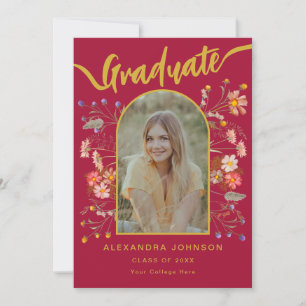 Modern Photo Floral Red Gold Graduation Party Invitation
