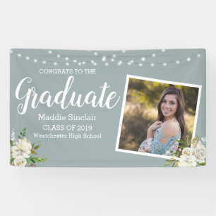 Modern Photo Floral String Lights Graduation Banner