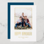 Modern Photo Frame Happy Hanukkah Foil Holiday Card<br><div class="desc">Happy Hanukkah! Send Hanukkah wishes to family and friends with this customizable gold foil Hanukkah card. It features modern typography and a simple photo frame. Personalize by adding names and a photo. This gold foil Happy Hanukkah card is available on other cardstock.</div>