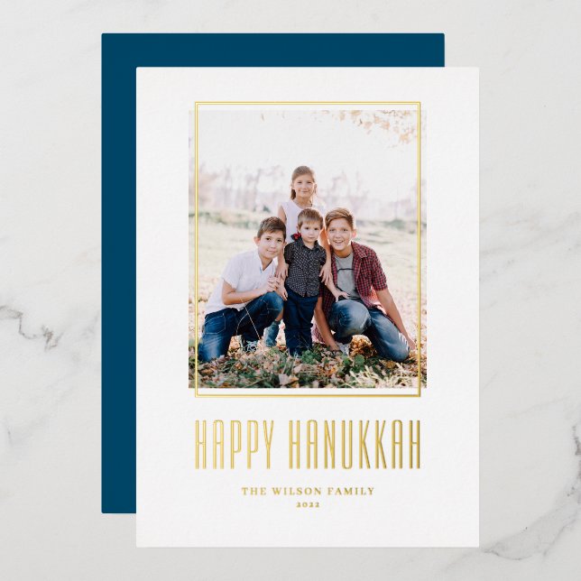 Modern Photo Frame Happy Hanukkah Foil Holiday Card (Front/Back)