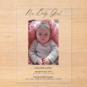 Modern Photo Girl Birth Announcement Acrylic Card