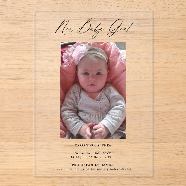 Modern Photo Girl Birth Announcement Acrylic Card (Front)