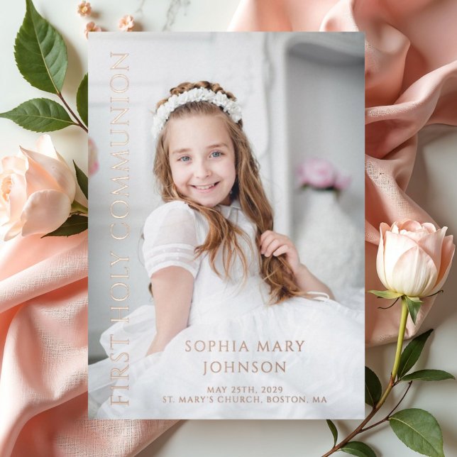 Modern Photo Girl First Holy Communion Rose Gold (Elegant Girl First Communion Photo Rose Gold Foil Invitation)