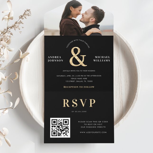 Modern Photo & Gold Ampersand Wedding QR Code All In One Invitation (Creator Uploaded)