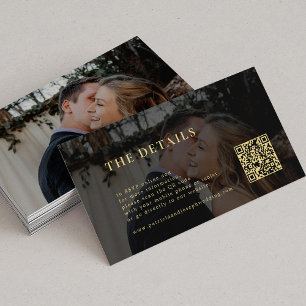 Modern photo gold black wedding details QR code Enclosure Card