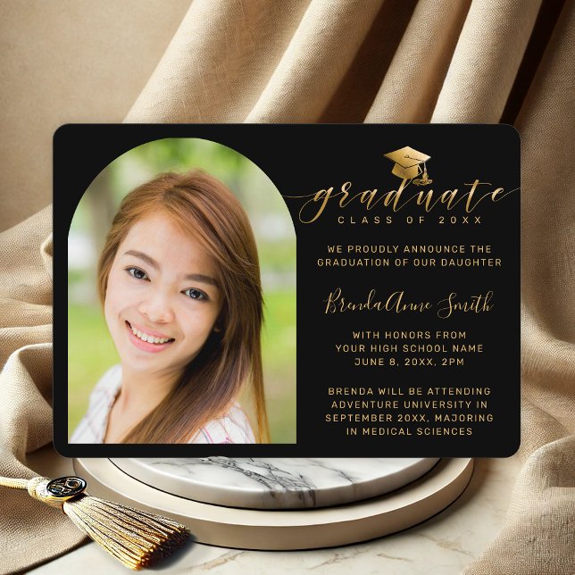 Modern Photo Gold Cap Script on Black Graduation Announcement (Black and Gold Photo High School Graduation Announcement with future college plans to customize)