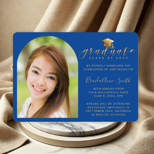 Modern Photo Gold Cap Script on Blue Graduation Announcement