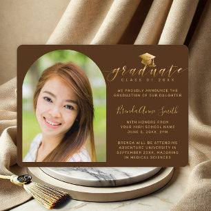 Modern Photo Gold Cap Script on Brown Graduation Announcement