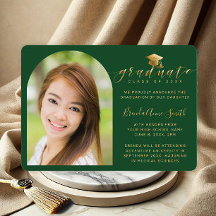 Modern Photo Gold Cap Script on Green Graduation Announcement