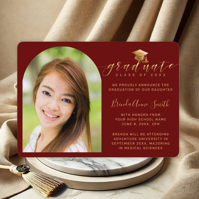 Modern Photo Gold Cap Script on Maroon Graduation Announcement (Maroon and Gold Script Photo High School Graduation Announcement with furture college plans)