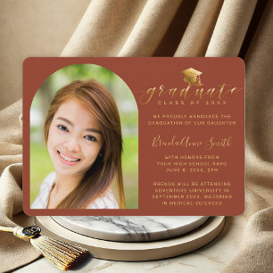 Modern Photo Gold Cap Script on Orange Graduation Announcement