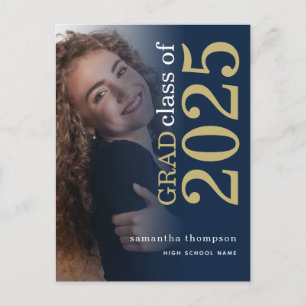 Modern Photo Gold Navy 2025 Graduation Announcement Postcard