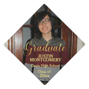 Modern Photo Gold Script Custom Personalized Graduation Cap Topper