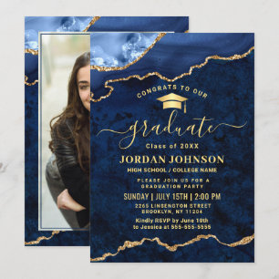 Modern PHOTO Golden Blue Marble Graduation Party  Invitation