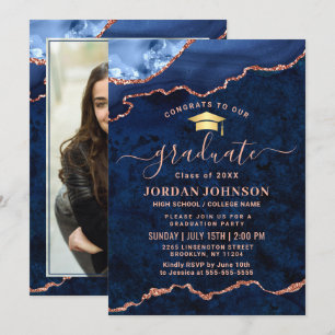 Modern PHOTO Golden Blue Marble Graduation Party  Invitation