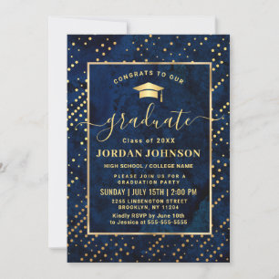 Modern PHOTO Golden Blue Marble Graduation Party Invitation