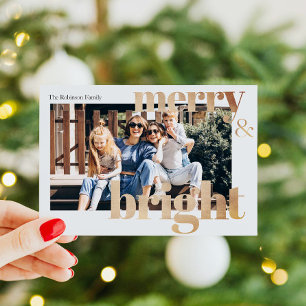 Modern Photo Golden Merry and Bright Christmas Holiday Card