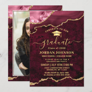 Modern PHOTO Golden Red Marble Graduation Party Invitation