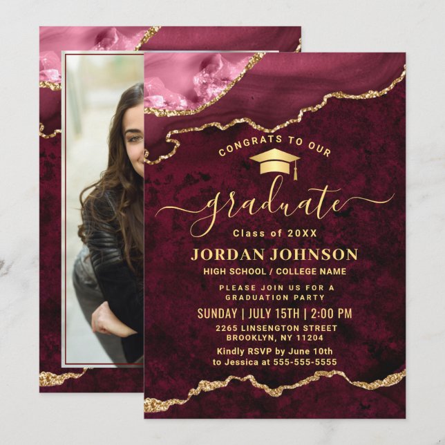 Modern PHOTO Golden Red Marble Graduation Party Invitation (Front/Back)