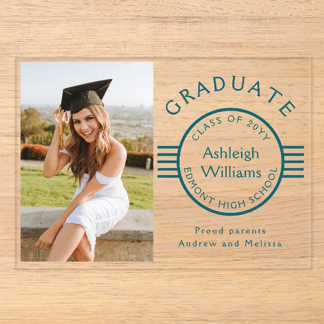 Modern Photo Graduate Teal Stripes Graduation Acrylic Invitations (Front)