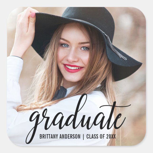 Modern Photo Graduation Announcement B Square Sticker (Front)