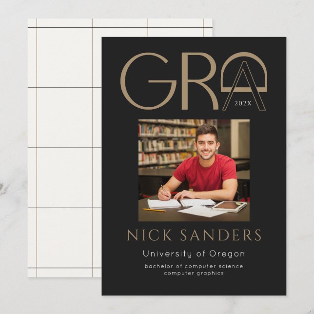 Modern Photo Graduation College Black Gold Announcement (Front/Back)