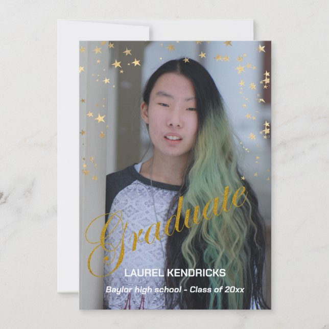 Modern Photo Graduation Gold Stars Party Invitation (Front)