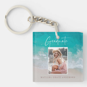 Modern photo graduation ocean beach script  keychain