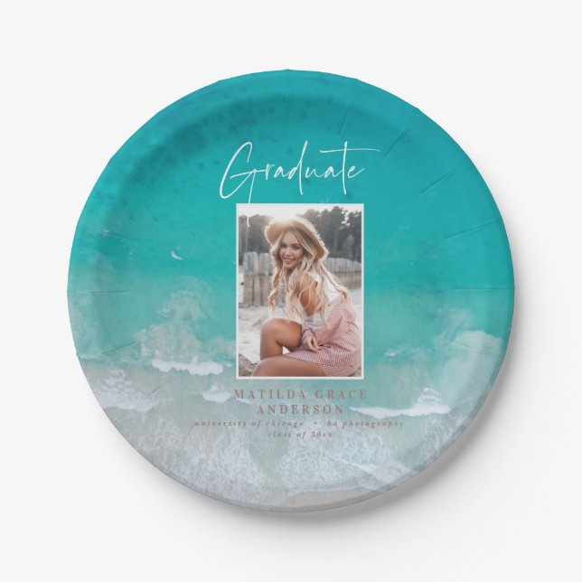 Modern photo graduation ocean beach script  paper plate (Front)