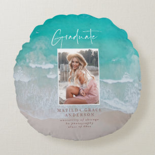 Modern photo graduation ocean beach script  round pillow