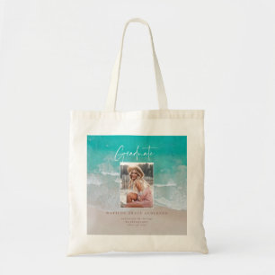 Modern photo graduation ocean beach script tote bag