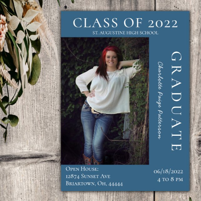 Modern Photo Graduation Open House | Blue Invitation (Blue Modern Photo Graduation Open House Invitation)