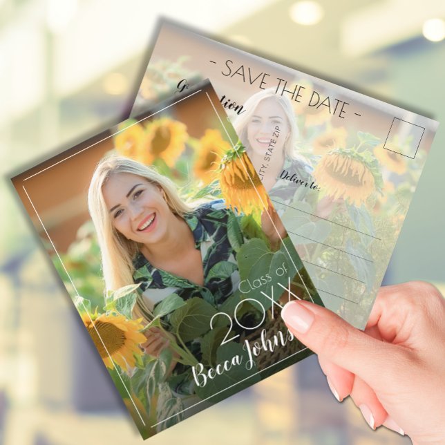 Modern Photo Graduation Save the Date Postcard (Photo graduation Save the Date postcards feature your details on the back)