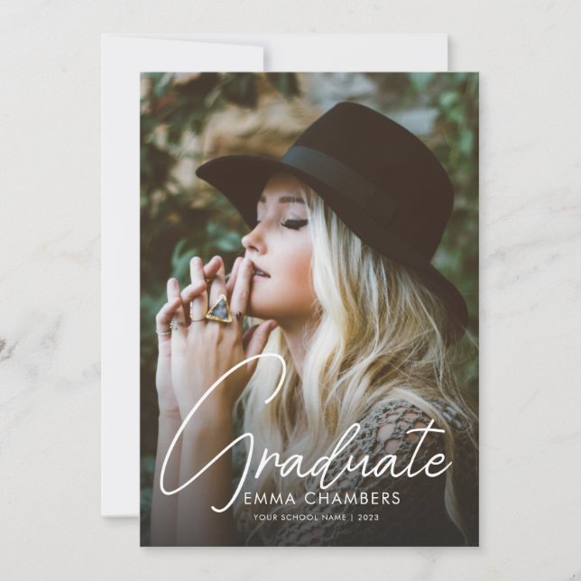 Modern Photo Graduation White Script  Invitation (Front)
