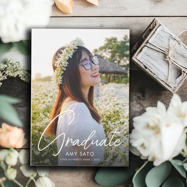 Modern Photo Graduation White Script  Invitation (Creator Uploaded)