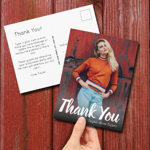 Modern Photo Graduation White Script Thank You Postcard