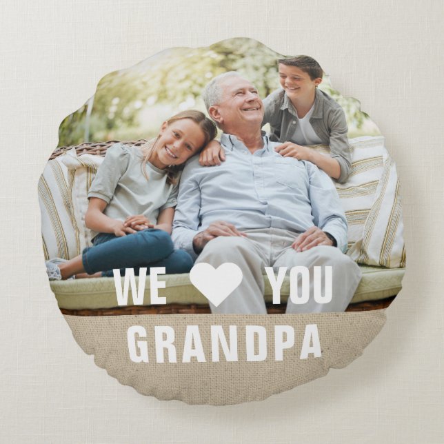 Modern Photo Grandpa Script Heart Round Pillow (Back)