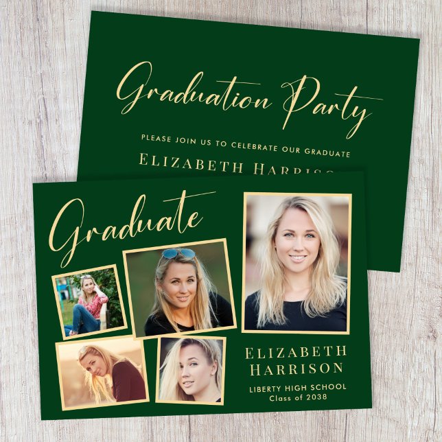 Modern Photo Green Gold Graduation Party Invitation (Our user-friendly template makes it a breeze to upload your photos and personalize your invitation)
