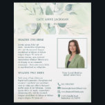 Modern Photo Greenery Eucalyptus Elegant Rustic Flyer<br><div class="desc">Elegant business flyer featuring your name in between a top and bottom border of eucalyptus leaves and greenery with a hint of blue, over a pastel watercolor wash. Use the template to add your photo and bio. This rustic style flyer is great for a new real estate agent / realtor...</div>