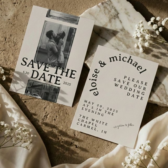Modern Photo Grid with Bold Serif Save the Date Invitation (Modern Save the Date Card featuring a striking photo grid layout and bold serif typography.)