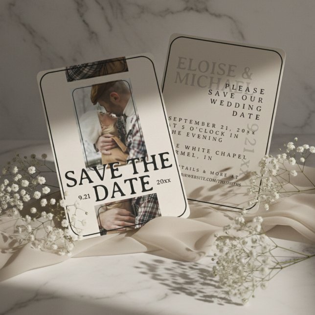 Modern Photo Grid with Bold Serif Save the Date Invitation (Announce your wedding date with style using this Modern Save the Date Card!)